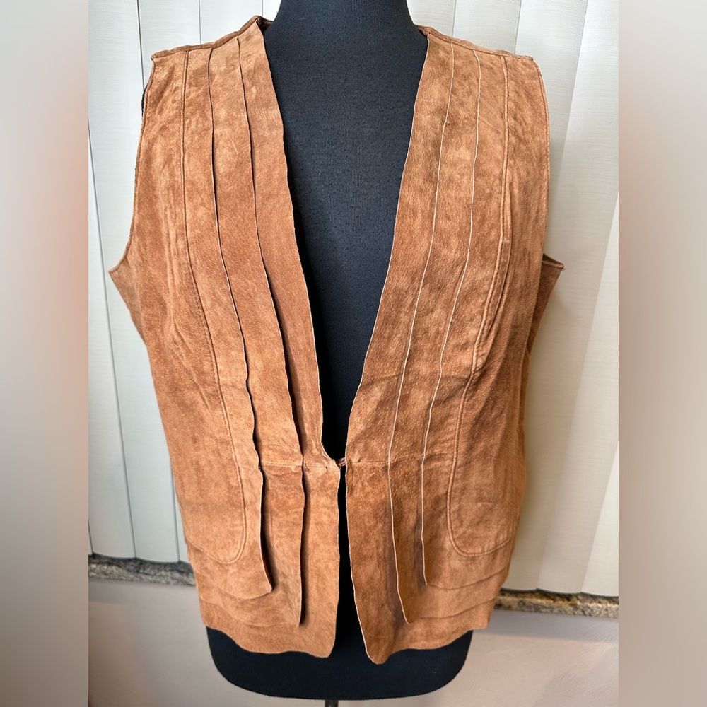 Chico's Genuine Suede Leather Tan Pleated Vest Jacket Sz 2 (USL/12)